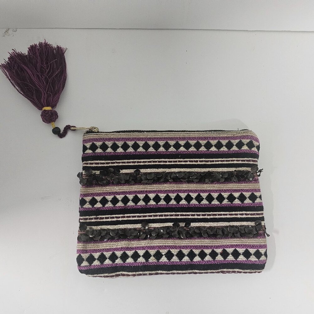 Merona Pouch Cosmetic Bag Purple Striped Aztec Boho Tasseled